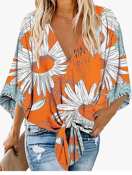 Tops - Sunflower Floral Wrap Front Blouse | Orange Boho Tie Waist Top | 3/4 Sleeve